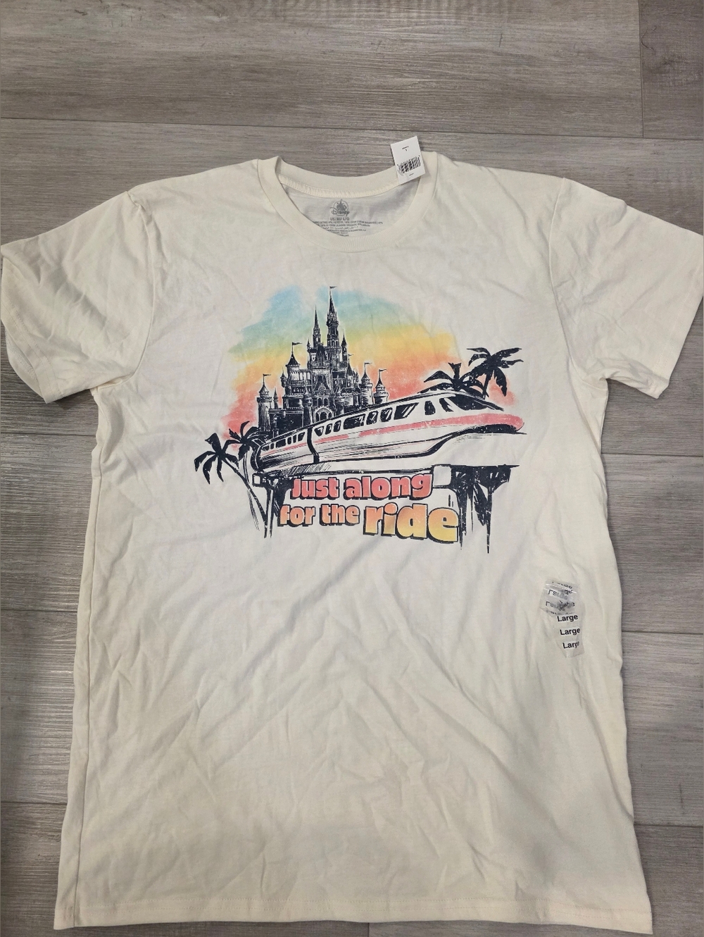 Disney Parks “Just Along for the Ride” Monorail Castle Tee Cream Size Large NWT